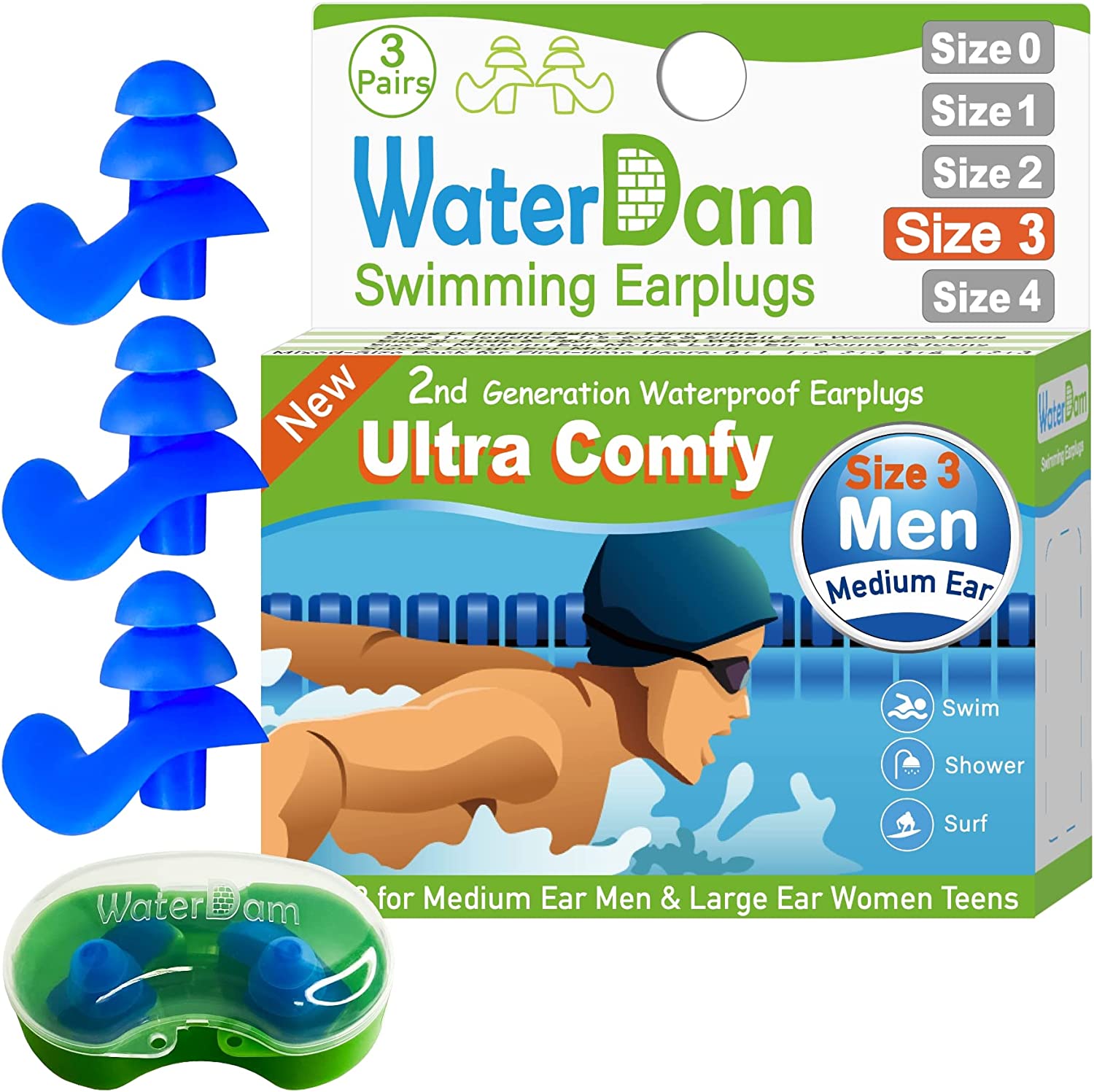 WaterDam Swimming Ear Plugs Great Waterproof Ultra Comfy Earplugs Prevent Swimmer's Ear (Size 3: Adults & Teens 14+ (Blue Blue Blue))