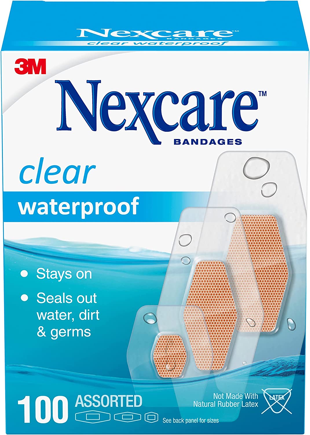 Nexcare Waterproof Clear Bandages, Covers and Protects, 360-degree seal around the pad offers exceptional protection against water, dirt, and germs, Assorted Sizes, 100 Count