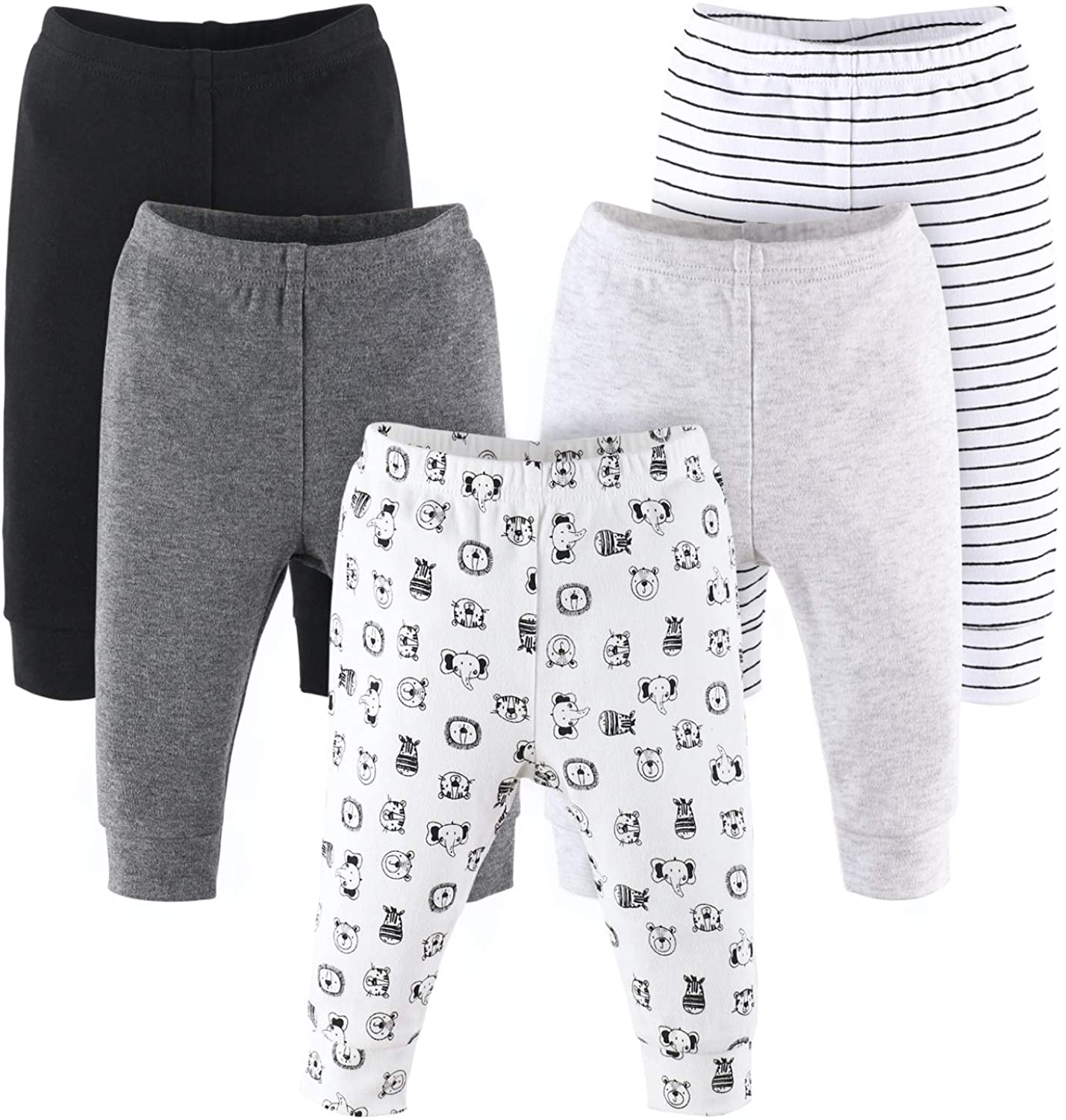 The Peanutshell Baby Pants Set for Boys or Girls | Black, Grey, & Safari Animals | 5 Pack, Newborn to 24 Month Sizes