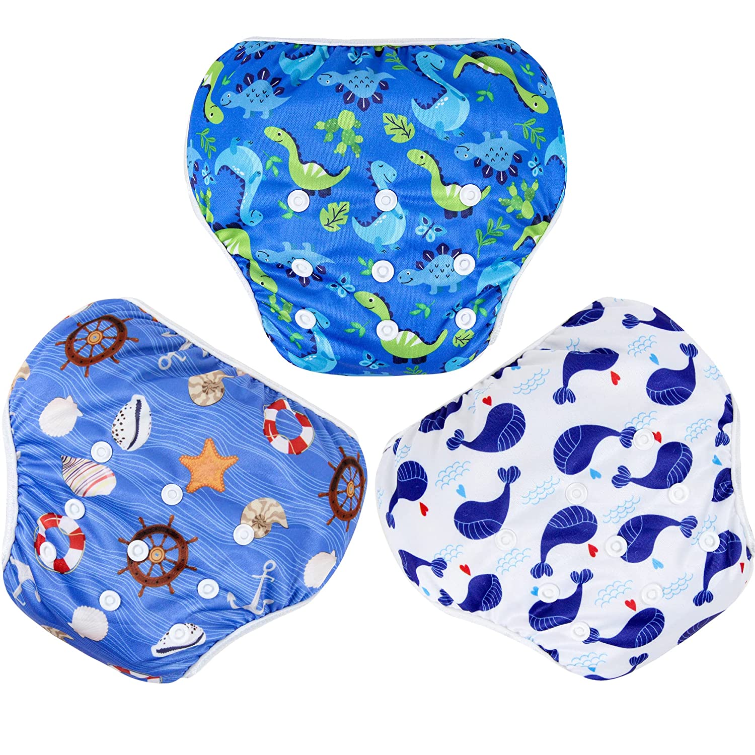 Langsprit 3 Pack Swim Diaper for Baby & Toddle,Reuseable Washable Diaper Swim for Swimming Lesson & Baby Shower Gifts (Dinosaur, Large)
