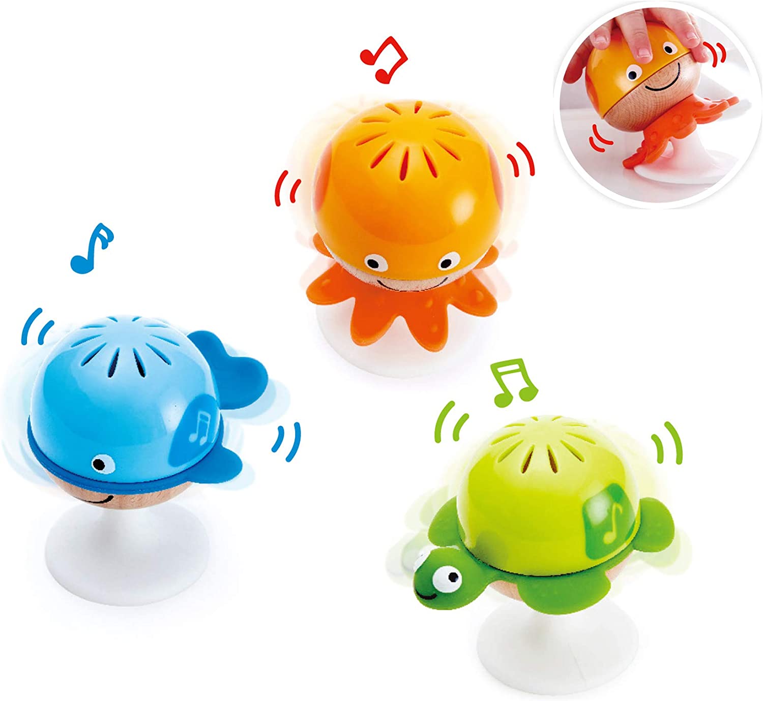 Hape Put-Stay Rattle Set | Three Sea Animal Suction Rattle Toys, Baby Educational Toy Set, Multi, 5'' x 2'' (E0330)
