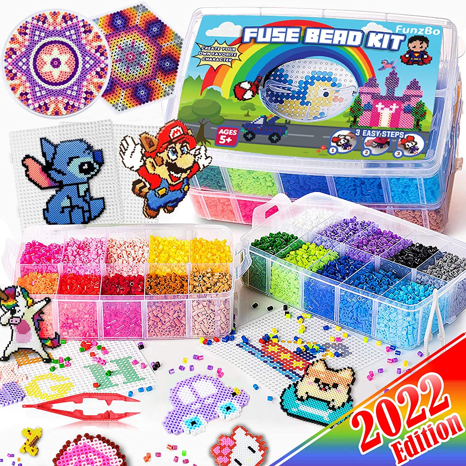FunzBo Fuse Beads for Kids Craft Art - 106 Patterns Fusebead Melty Fusion Colored Arts and Crafts Set for Boys Girls Age 4 5 6 7 8 Year Old Classroom (Mega)