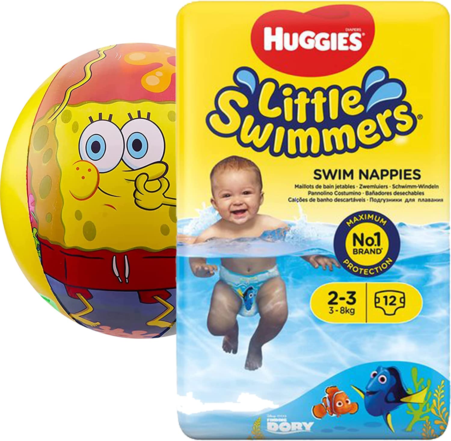 Little Swimmers Disposable Swim Diapers, Size X-Small 2-3 (7lb-18lb.) Absorbent and Adjustable Swim Nappies for Baby, Toddler, Girls, Boys, 12 Swimming Pants Plus Bonus Spongebob Beach Ball