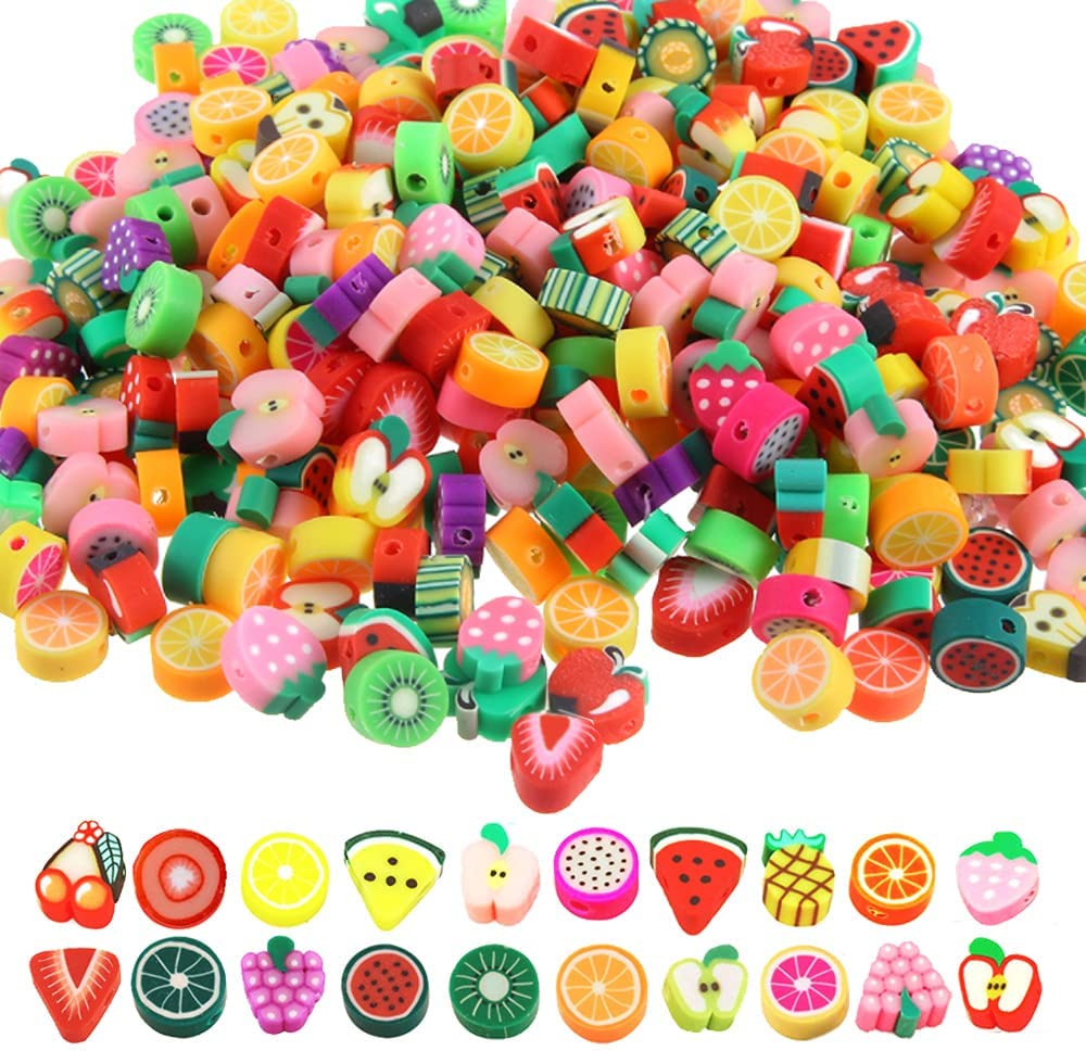 200pcs Fruits Polymer Clay Spacer Beads, Mixed Fruit Charm Beads for DIY Necklace Earrings Jewelry Crafts Making