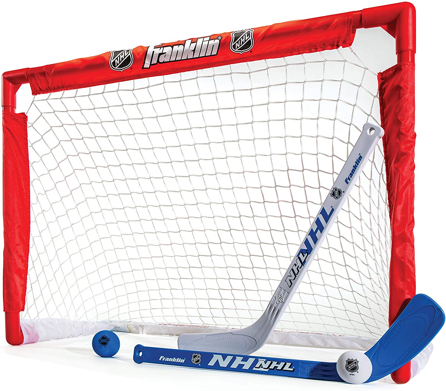 Franklin Sports NHL Kids Mini Hockey Set - Includes 1 Knee Hockey Goal - 2 Mini Hockey Sticks + 2 Foam Balls - Indoor Toy Mini Hockey Goal + Sticks Set