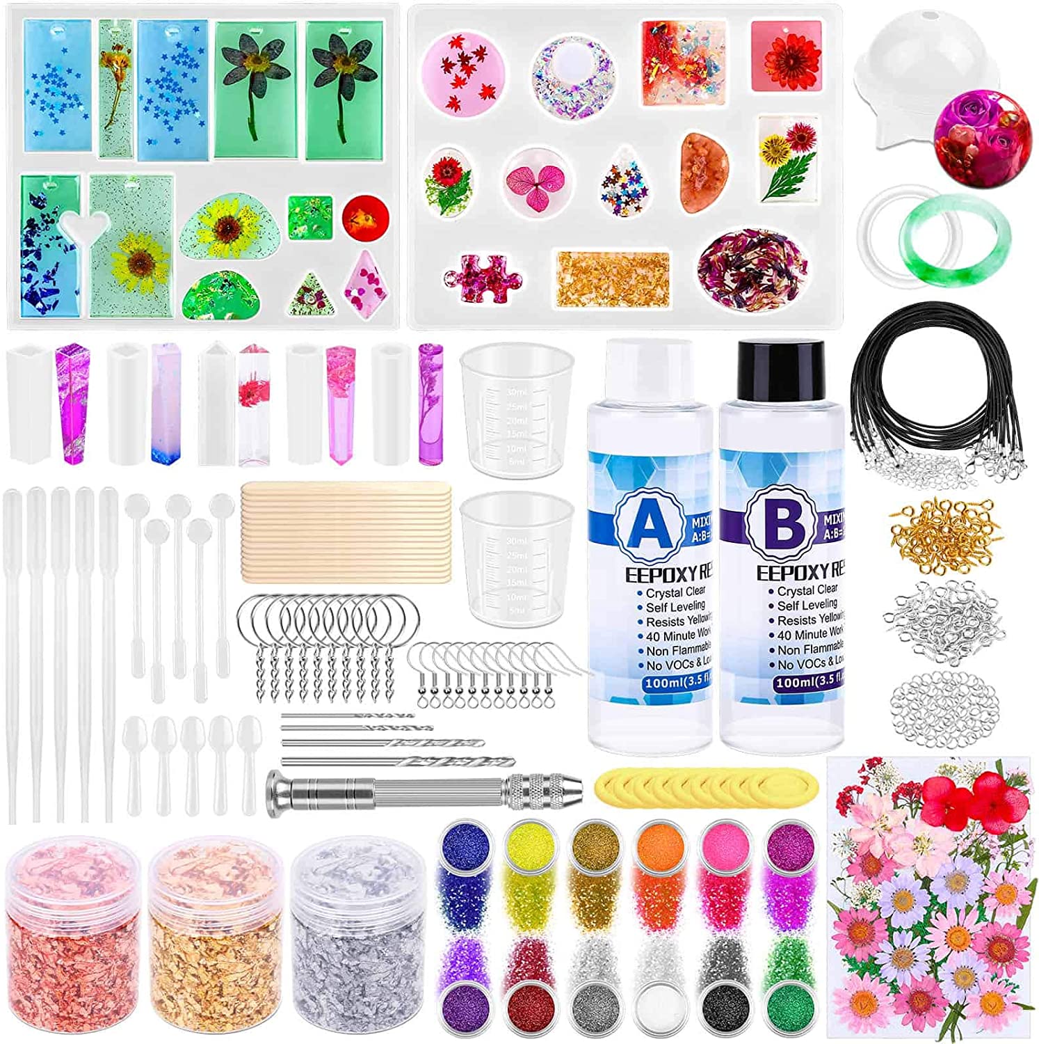 219Pcs Resin Kit for Beginners, Thrilez Resin Mold Kit with Resin Molds Silicone and Epoxy Resin Supplies Include Dried Flowers, Foil Flakes, Necklace Cord, Earring Hooks for DIY Jewelry Making