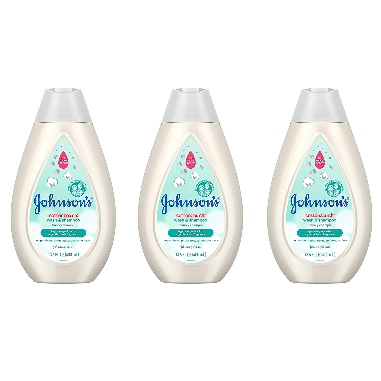 Johnson's Baby, CottonTouch Newborn Baby Wash and Shampoo with No More Tears, Sulfate, Paraben, Free for Sensitive Skin, Gently Washes Away Dirt and Germs, White, 13.6 Fl Oz (Pack of 3), 40.8 Ounce