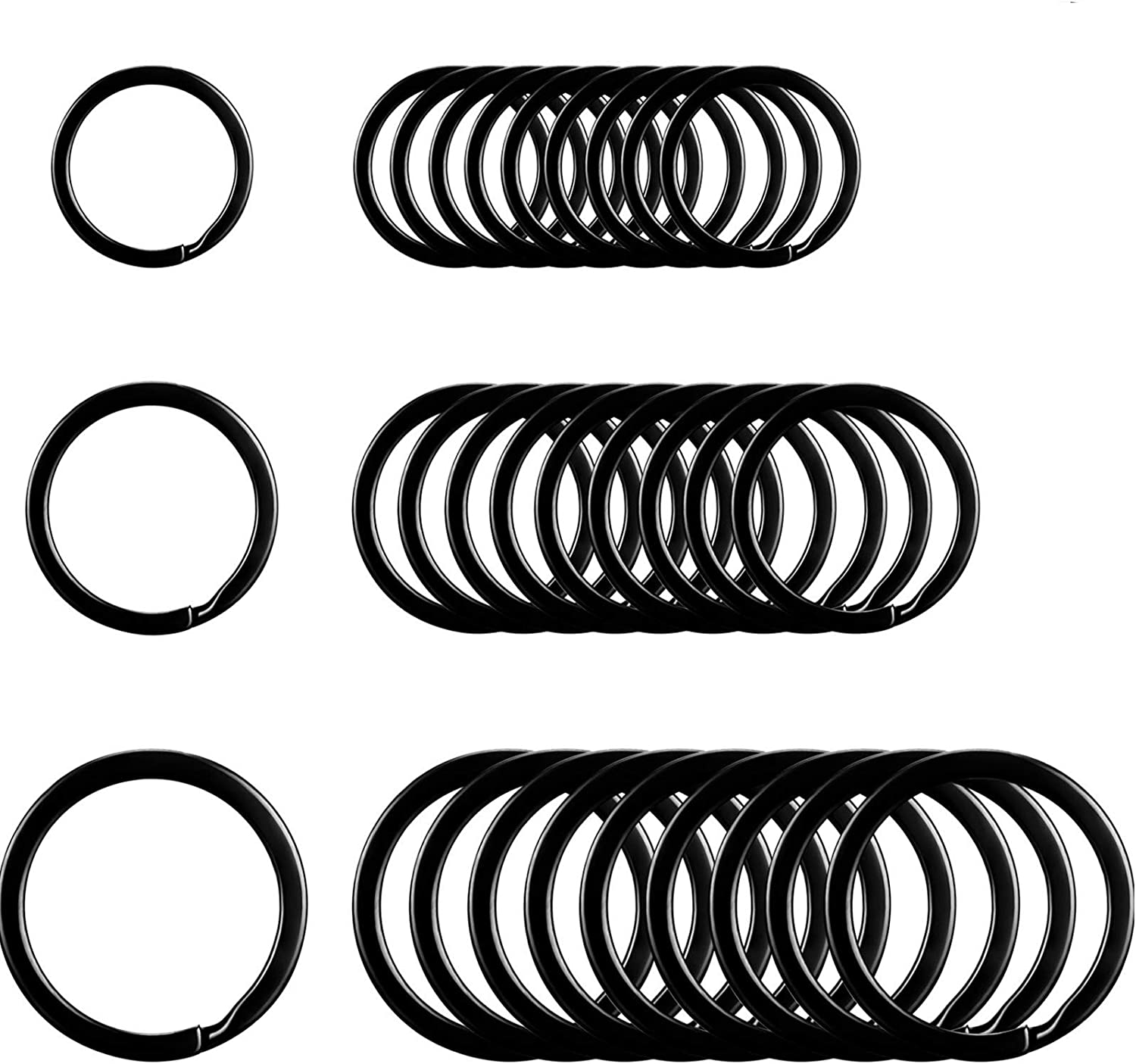 Round Flat Key Rings Key Chain Small Metal Split Ring for Home Car Keys Organization, 30 Pieces (Black, 3/4 Inch, 1 Inch and 1.25 Inch)