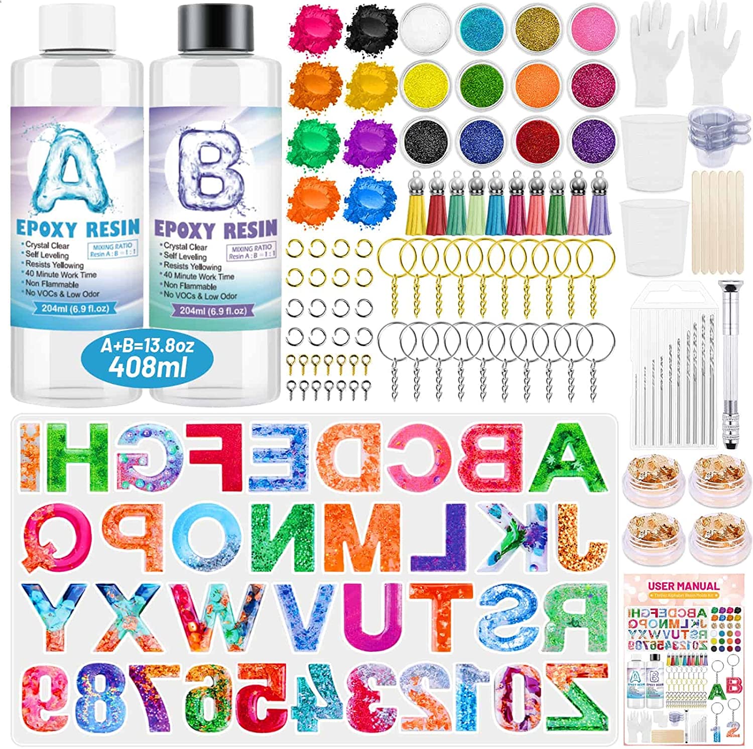 Resin Keychain Kit, Thrilez Alphabet Resin Molds Kit with Alphabet Silicone Molds, Epoxy Resin, Mica Powder, Glitter, Foil Flakes, Tassels, Keychains, Jump Rings and Pin Vis for Resin Keychain Making