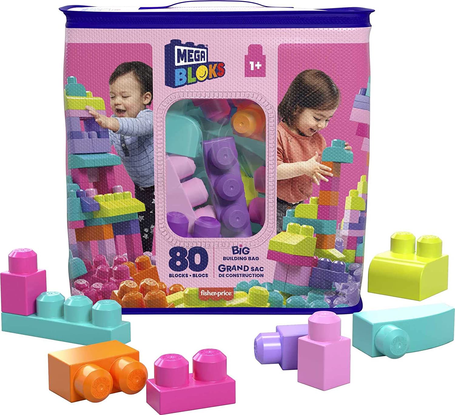 MEGA BLOKS Big Building Bag building set with 80 big and colorful building blocks, and 1 storage bag, toy gift set for ages 1 and up - Pink Bag