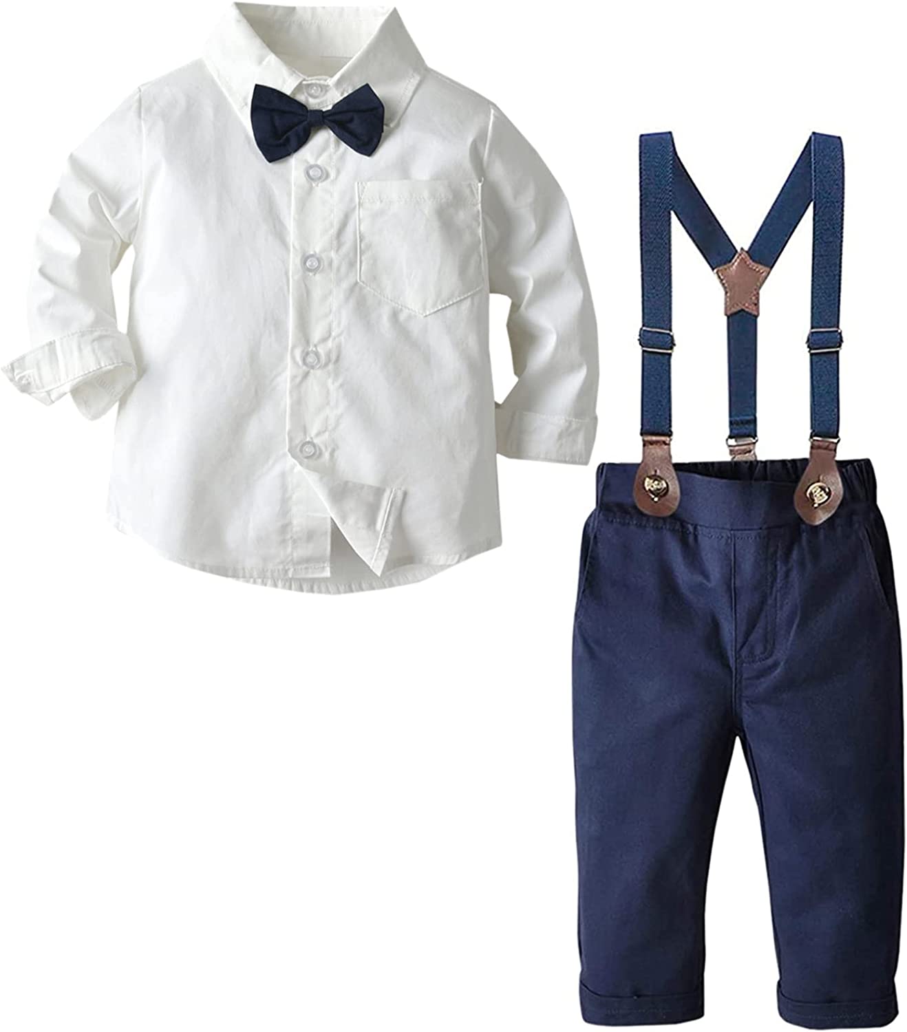 SANGTREE Baby Boys Clothes, Dress Shirt with Bowtie + Suspender Pants, 3 Months - 9 Years