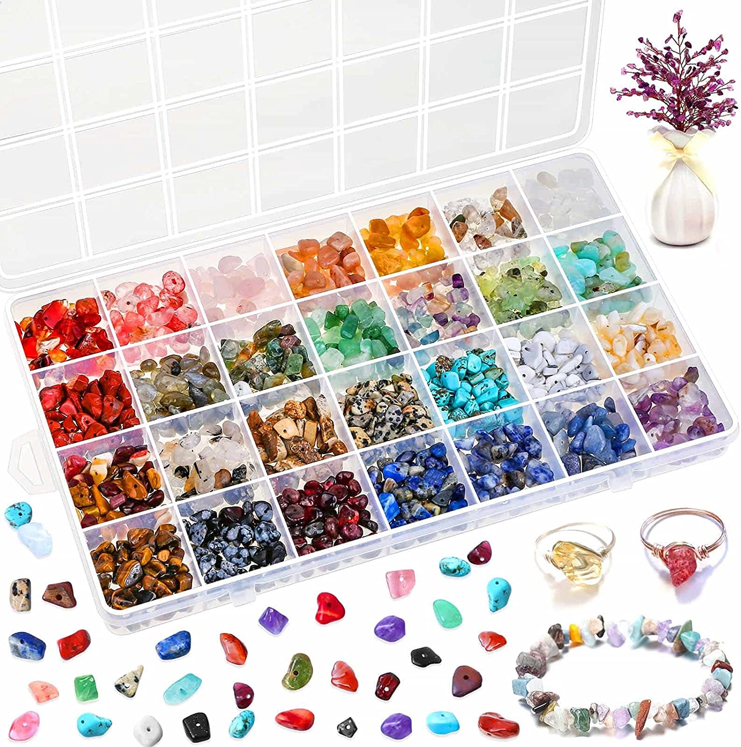 Crystal Beads for Ring Making, 28 Colors Crystal Chips and Gemstone Beads for Jewelry Making, Crystal Ring Making Kit with Plastic Box for Jewelry Ring, Bracelets, Earring Making Supplies