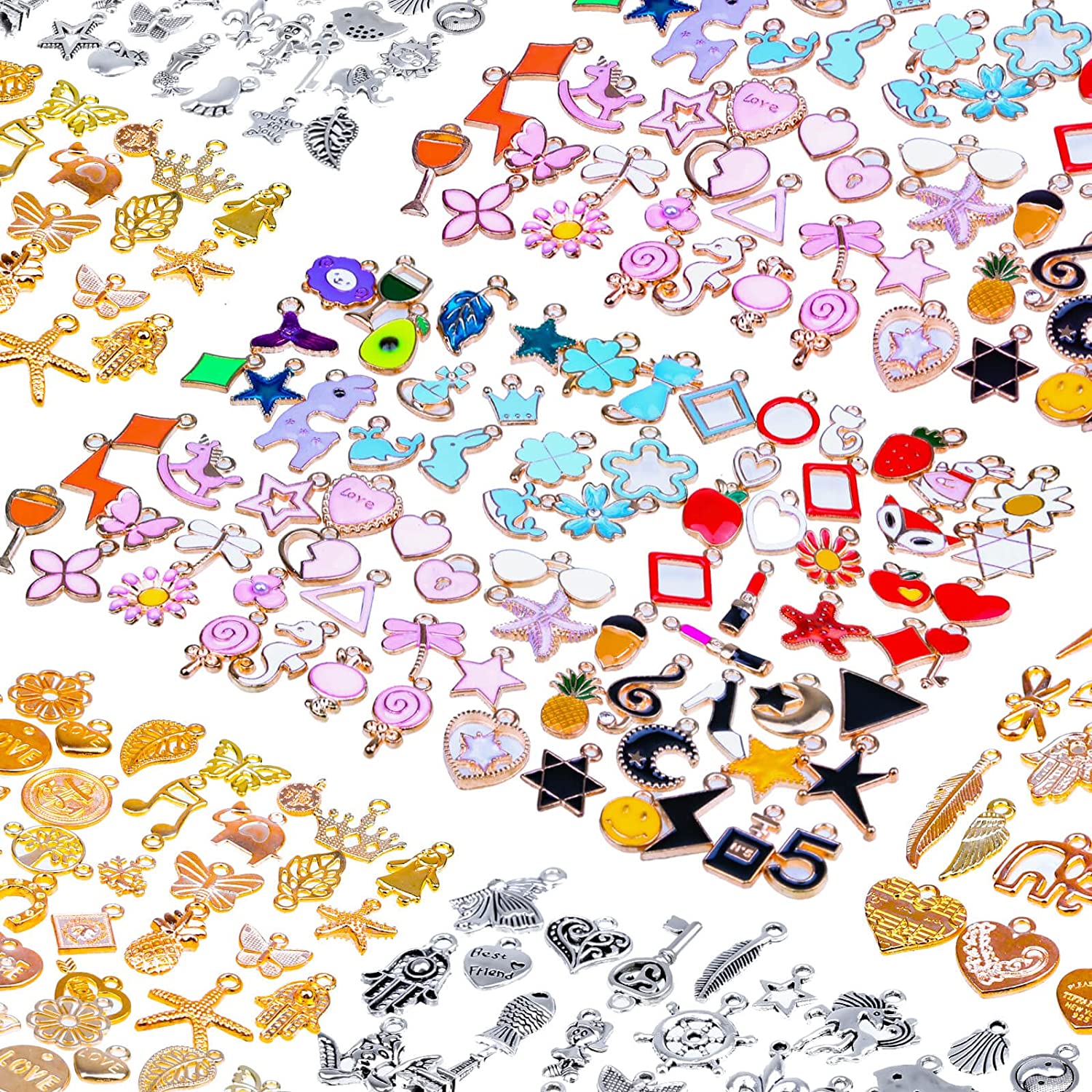 150PCS Bracelet Charms for Jewelry Making Mckanti Wholesale Bulk Lots Jewelry Making Silver Bracelet Charms Gold Plated Enamel Charms Pendants for Necklace Bracelet Jewelry Making and Crafting