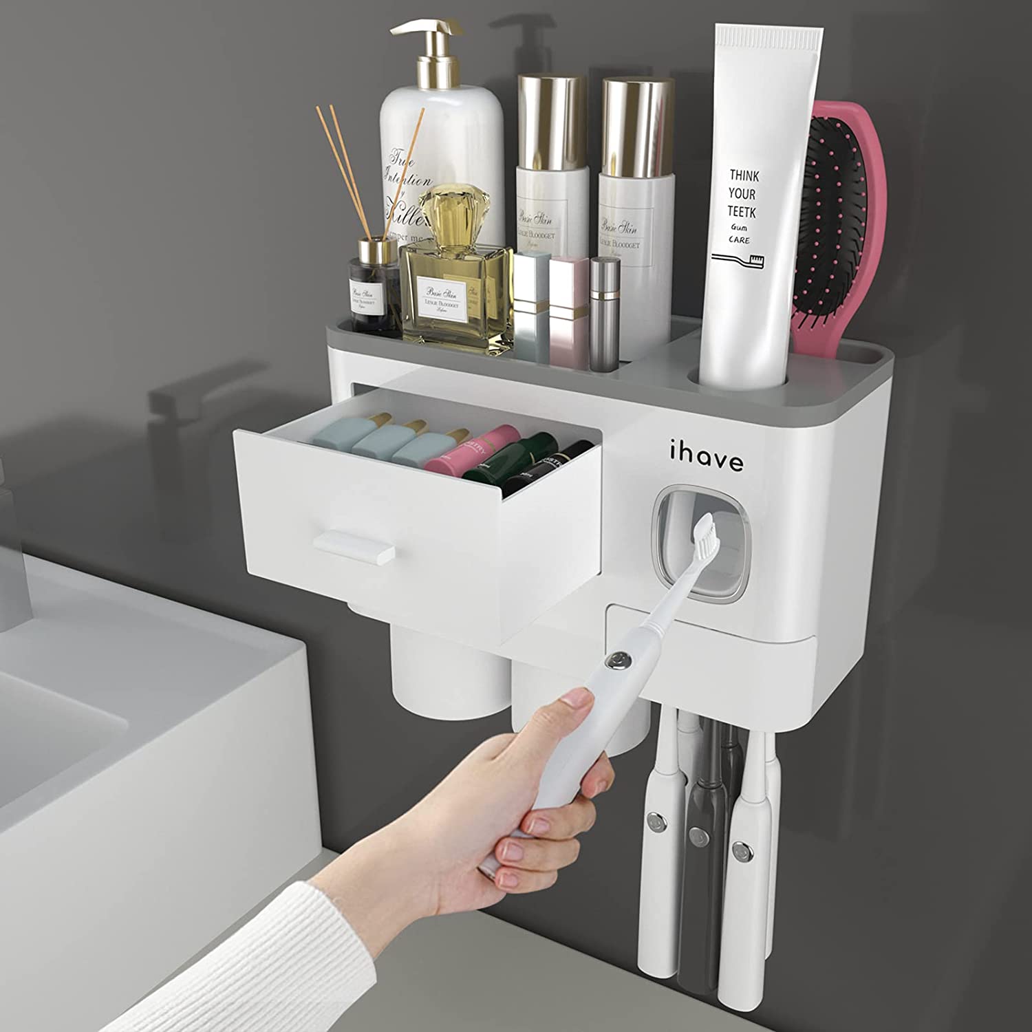 iHave Toothbrush Holders for Bathrooms, 2 Cups Toothbrush Holder Wall Mounted with Toothpaste Dispenser, Large Capacity Tray, Cosmetic Drawer and 6 Brush Slots with Cover Tooth Brush Holder