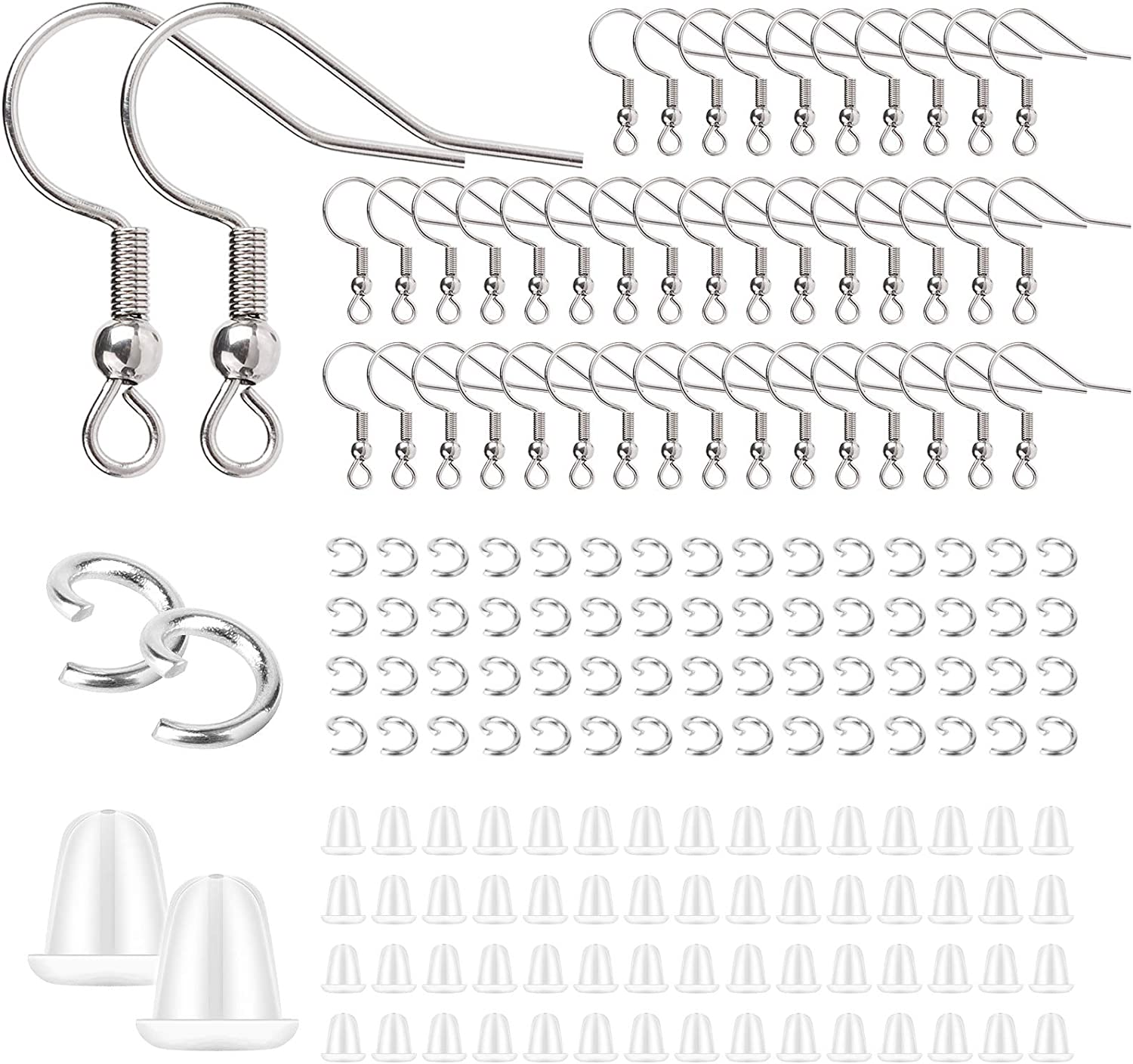 Stainless Steel Earring Hooks French Ear Wire, 600pcs Earring Making Findings Parts Jewels DIY Supplies Kits, with Silicone Earring Backs Stoppers & Open Jump Ring