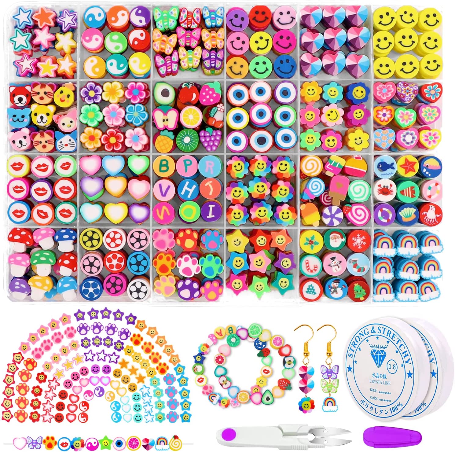 JOICEE 480PCS Fruit Flower Polymer Clay Beads, 24 Style Cute Smiley Heart Mushroom Clay Beads Charms for Jewelry Necklace Earring Making, DIY Bracelet Making Kit Accessories for Women Girls
