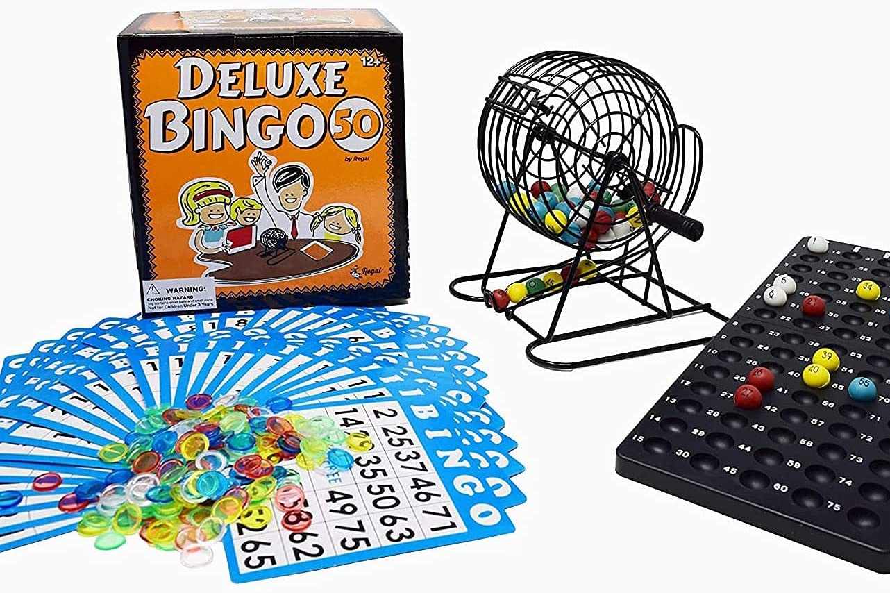 Regal Games - Deluxe Bingo Set - Includes Bingo Cage, Master Board, Mixed Cards, 75 Calling Balls, Colorful Chips - Ideal for Large Groups, Parties