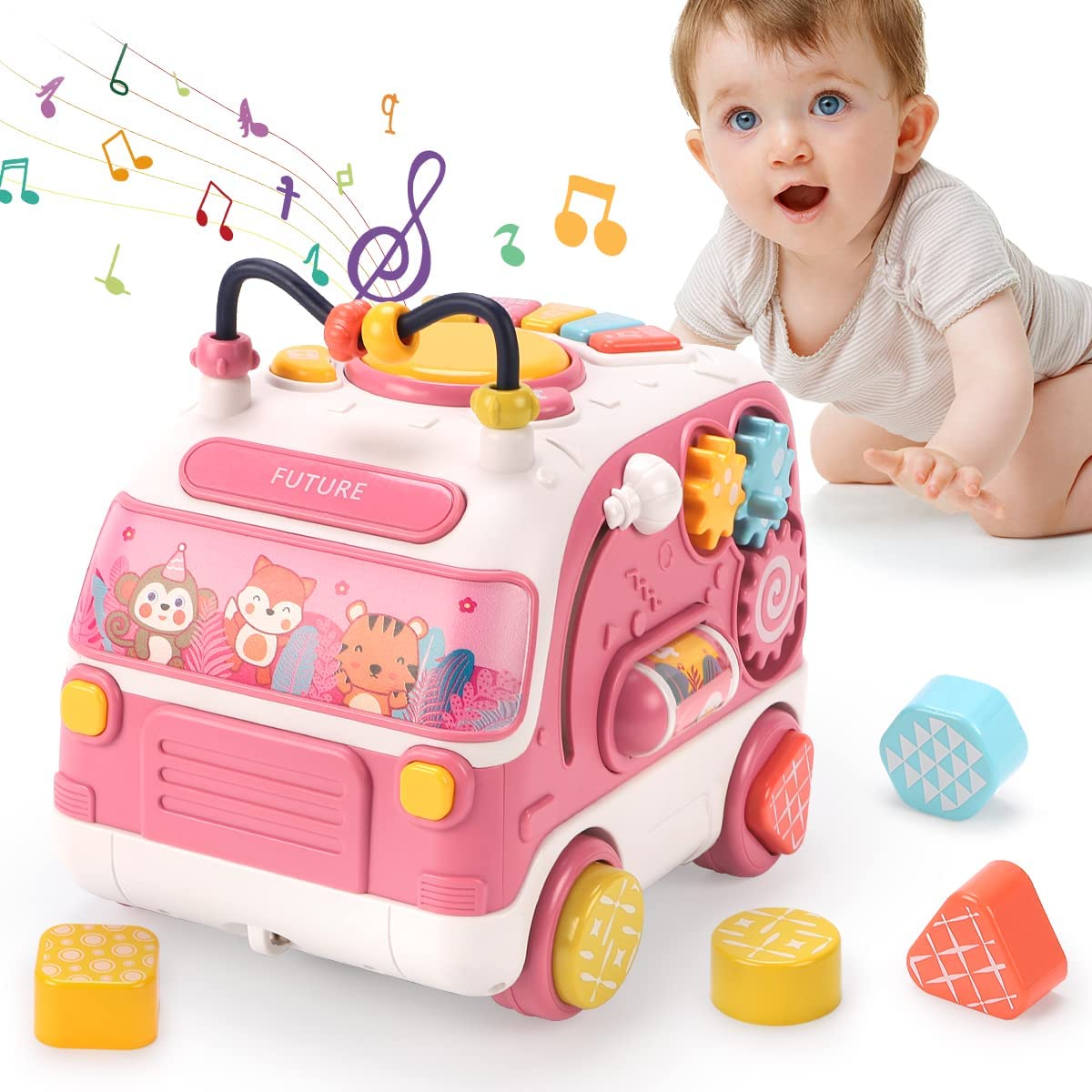 Qizebaby Multifunctional Toddler Toy Cars, Baby Toys 12-18 Months, Crawling Toys with Lights & Sounds & Music, Toys for 1 2 3 Year Old Boys Girls Toddlers, 1 2 3 Year Old Toy Gifts