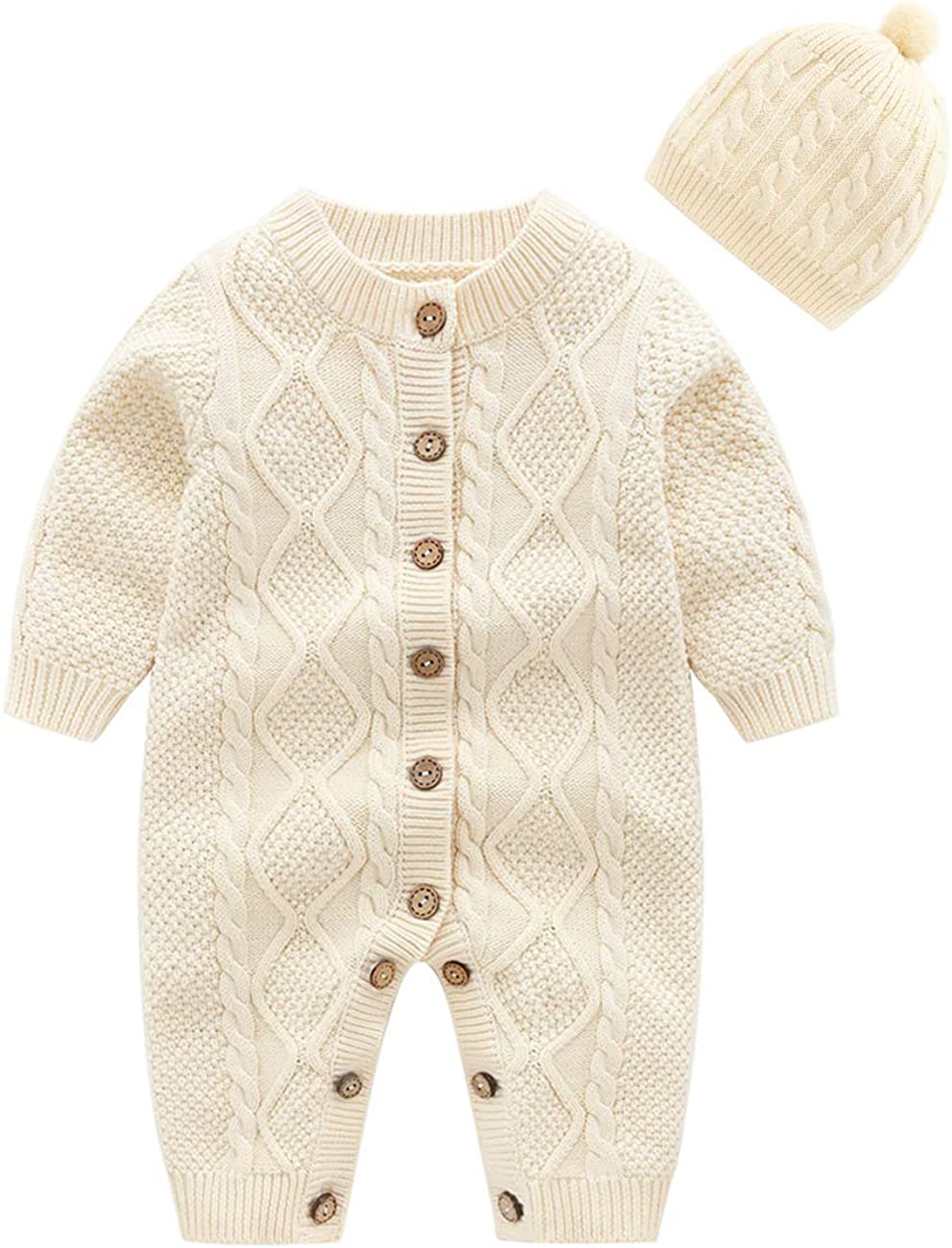 JunNeng Baby Newborn Cotton Knitted Sweater Romper Longsleeve Outfit with Warm Hat Set