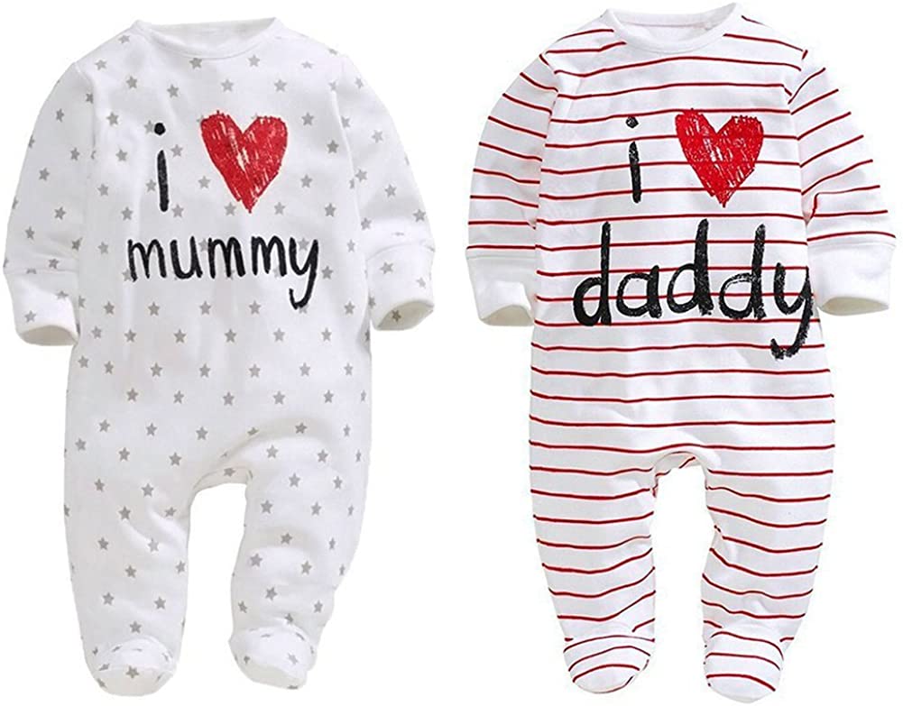 AOMOMO Unisex-Baby Clothes Newborn Twins I Love Mummy I Love Daddy Bodysuit Twins 2 Pack