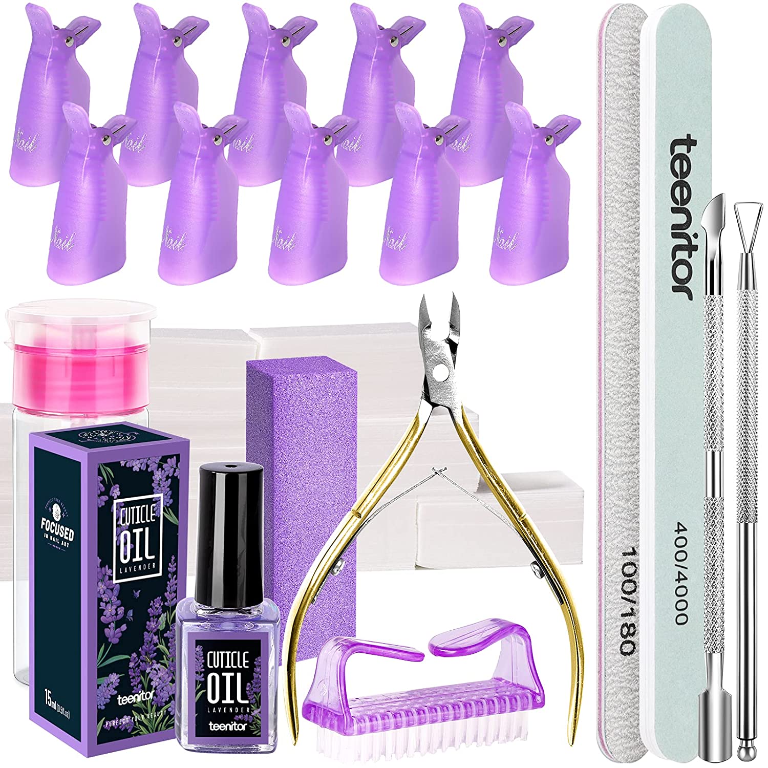 Teenitor Nail Gel Polish Dipping Powder Remover Tools Kit with Nail Clips Nail Remover Pads Cuticle Oil Nail Brushes Nail File Buffer Block Nail Clipper Cuticle Peeler Scraper Pusher and Cutter