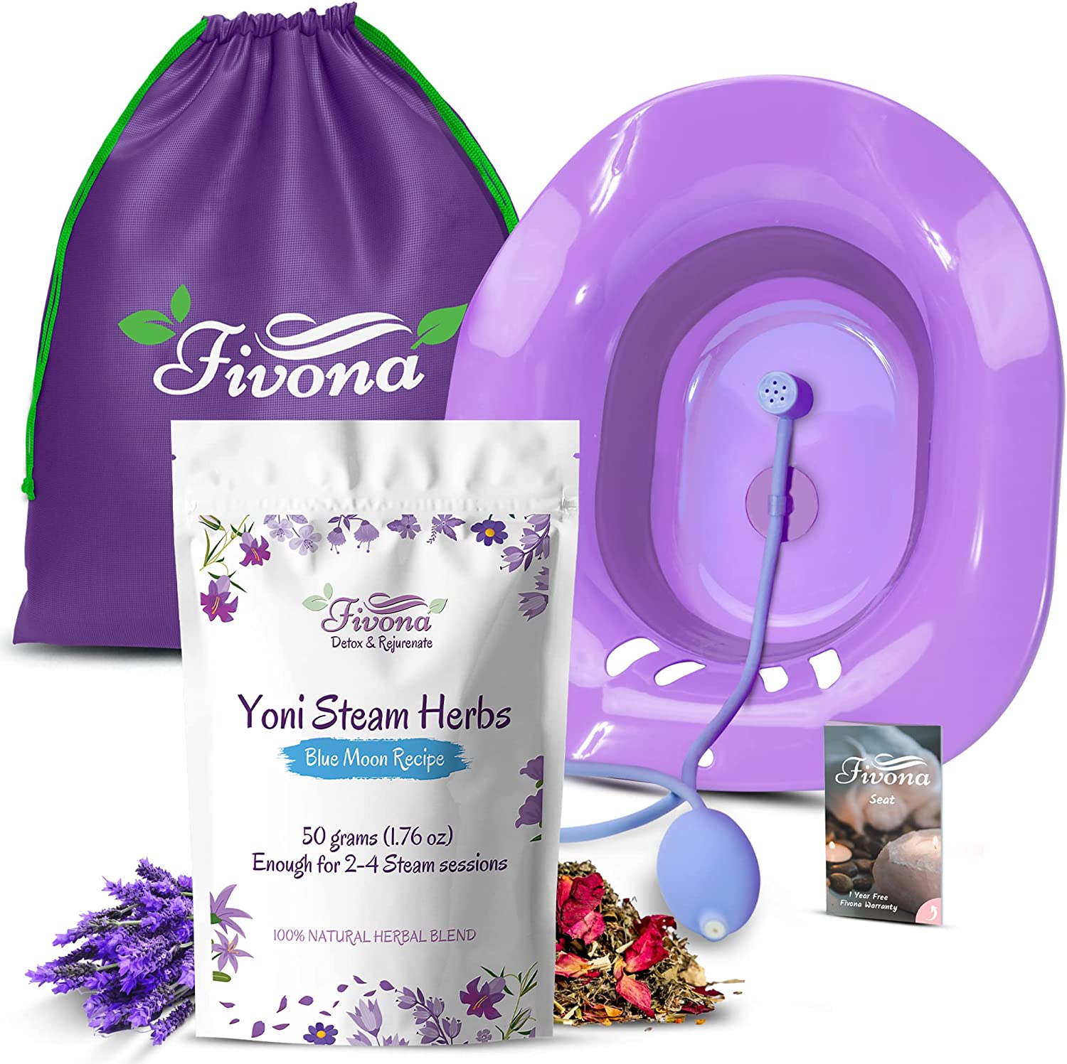 Fivona Yoni Steam Kit 4-in-1 Bundle of Expandable Steaming Seat for Toilet Pump Storage Bag and All Natural Blue Moon Herbal Blend for V-Steam Therapy Cleansing Detox Tightening Fertility Increase