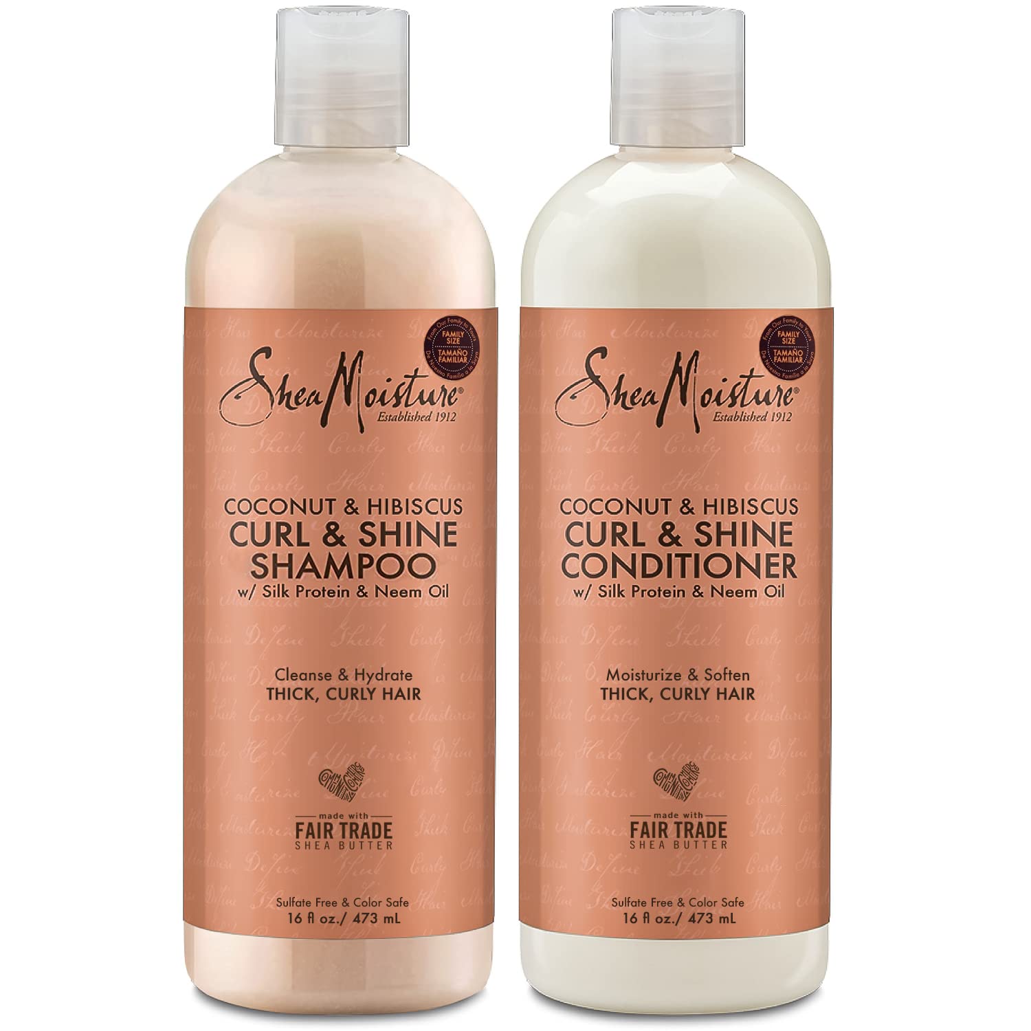 Shea Moisture Shampoo and Conditioner Set, Coconut & Hibiscus Curl & Shine, 16 Oz ea. Curly Hair Products with Coconut Oil, Vitamin E & Neem Oil Provides Frizz Control