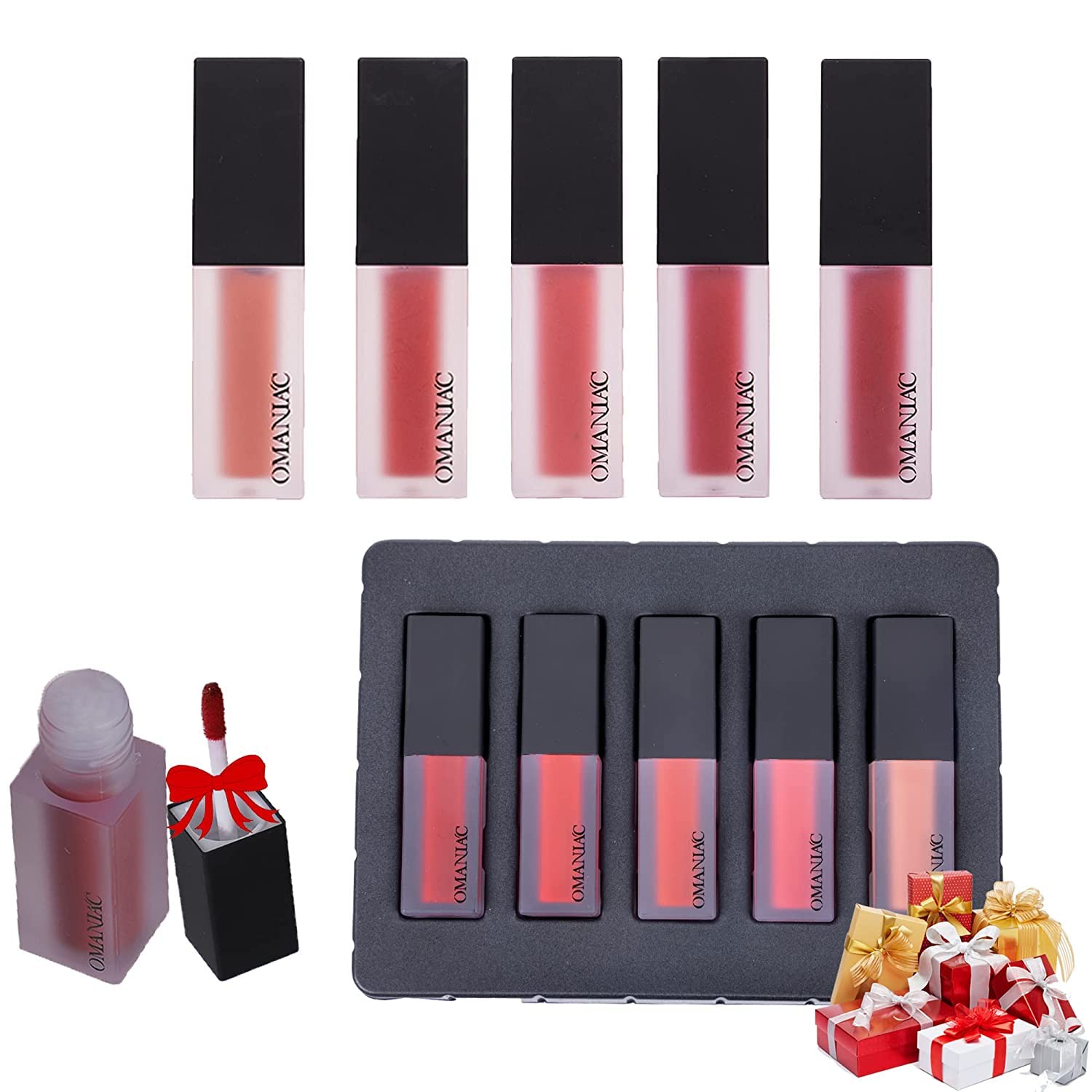 OMANIAC® Lip Gloss 5 Pcs Set Long Lasting Matte Lip Gloss, Moisturizing Pearlescent Metallic Lipstick Makeup Kit