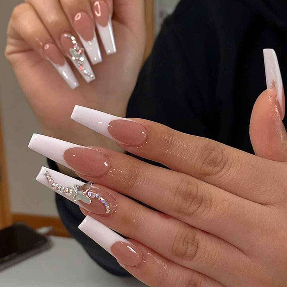 24 Pcs Press on Nails Long Fake Nails Acrylic Ballet French White Illuminate Butterfly adhesive tape on Nails Design Nails for Women and Girls