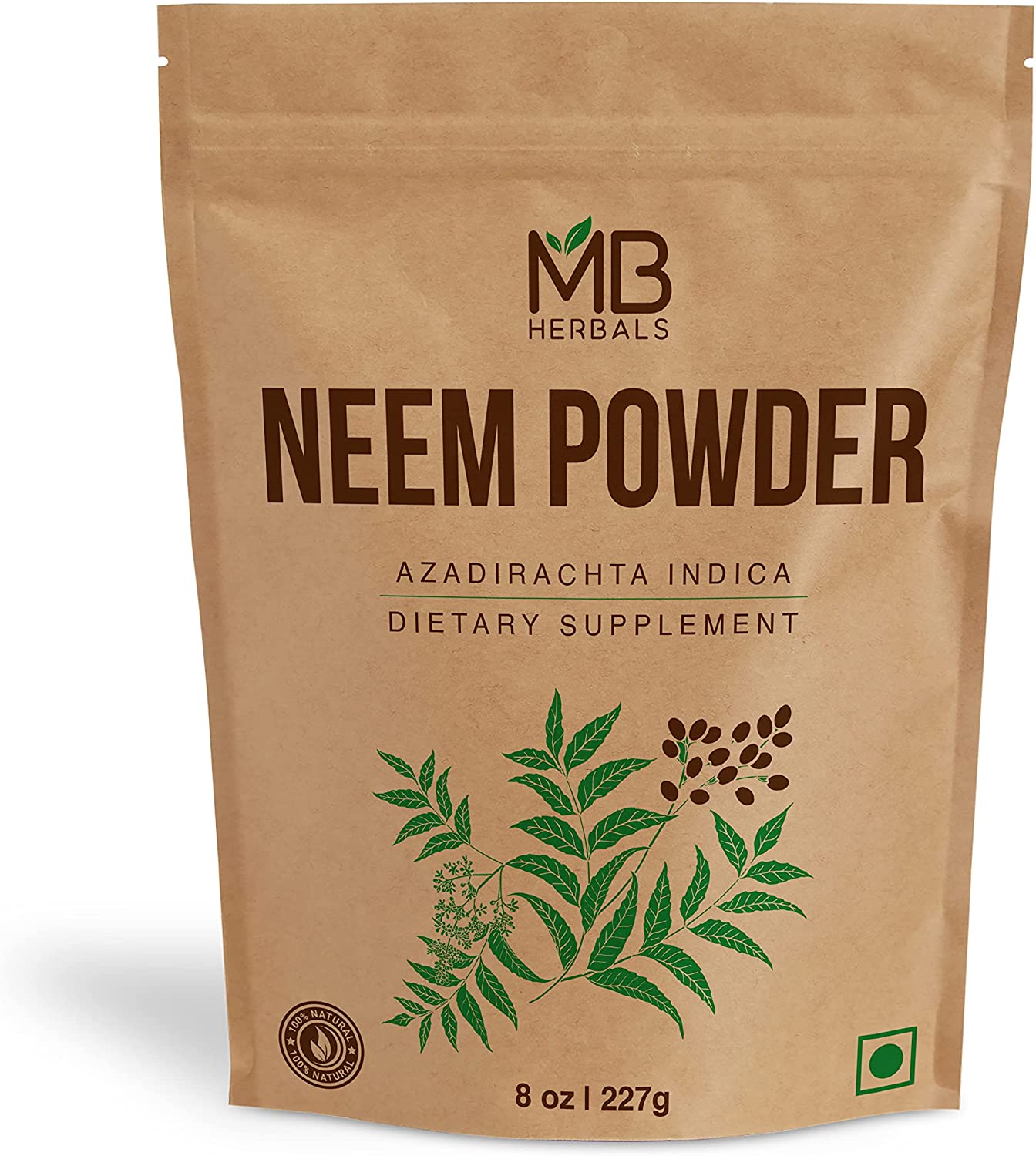 MB Herbals Pure Neem Powder 8 oz | 227 Gram / 0.5 LB Pure Wild-Crafted Neem Leaf Powder | Very Bitter Neem Supplement for Skin Hair & Detox | Azadirachta Indica - Packaging May Vary