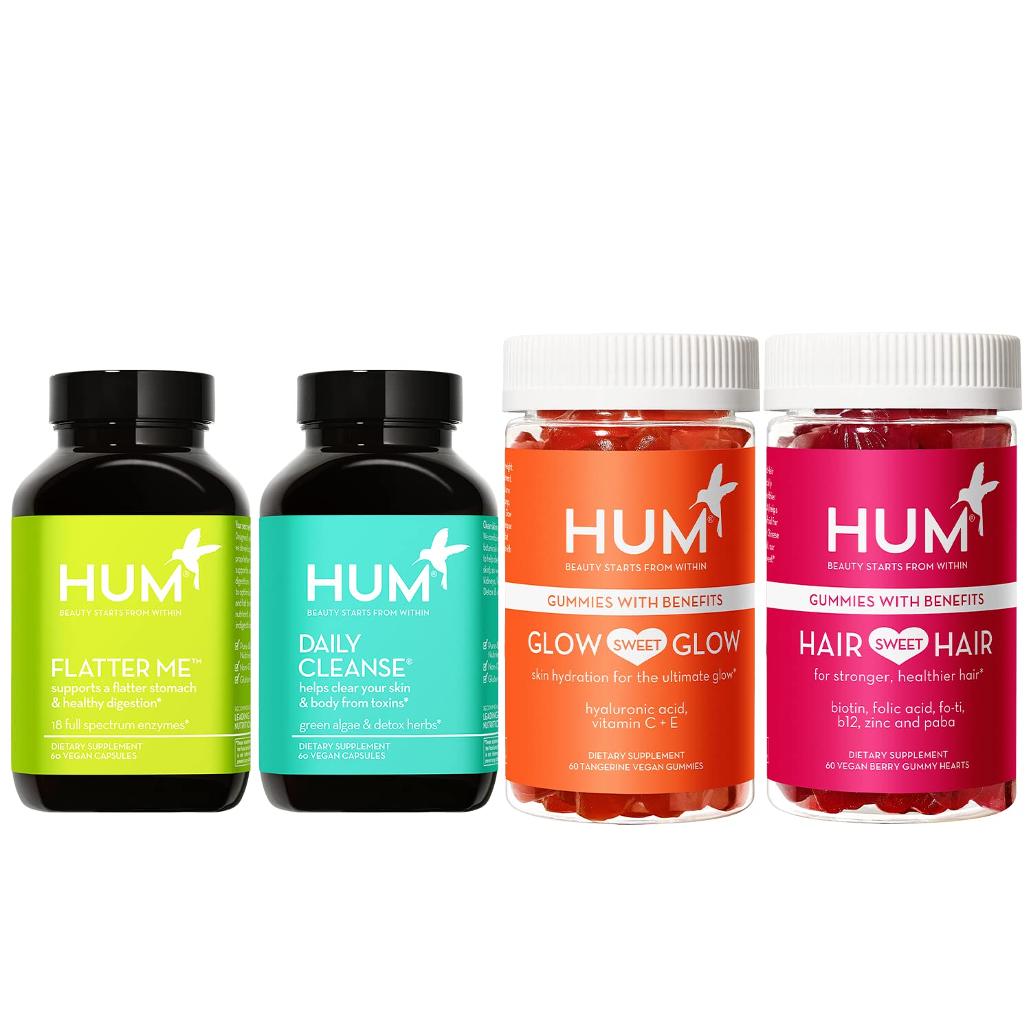 HUM Best Sellers Supplement Bundle - Includes Flatter Me, Daily Cleanse, Hair Sweet Hair and Glow Sweet Glow - Supplements and Gummies for Gut Health, Hair and Skin Health (4-Piece Set)