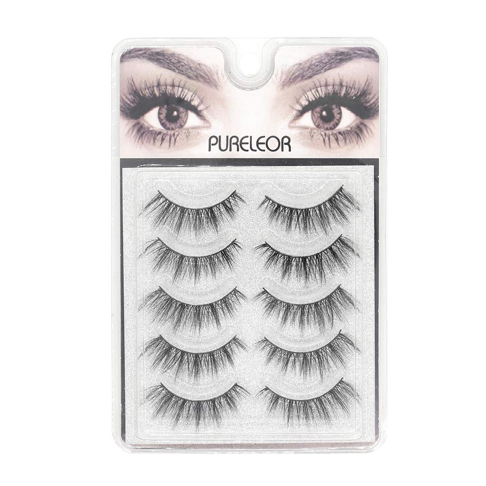 Natural Look Eyelashes 3D Mink Cat Eye Lash Wispies 15mm Fluffy False Lashes 5 Pairs Soft Reusable Eyelashes Lightweight , No Glue