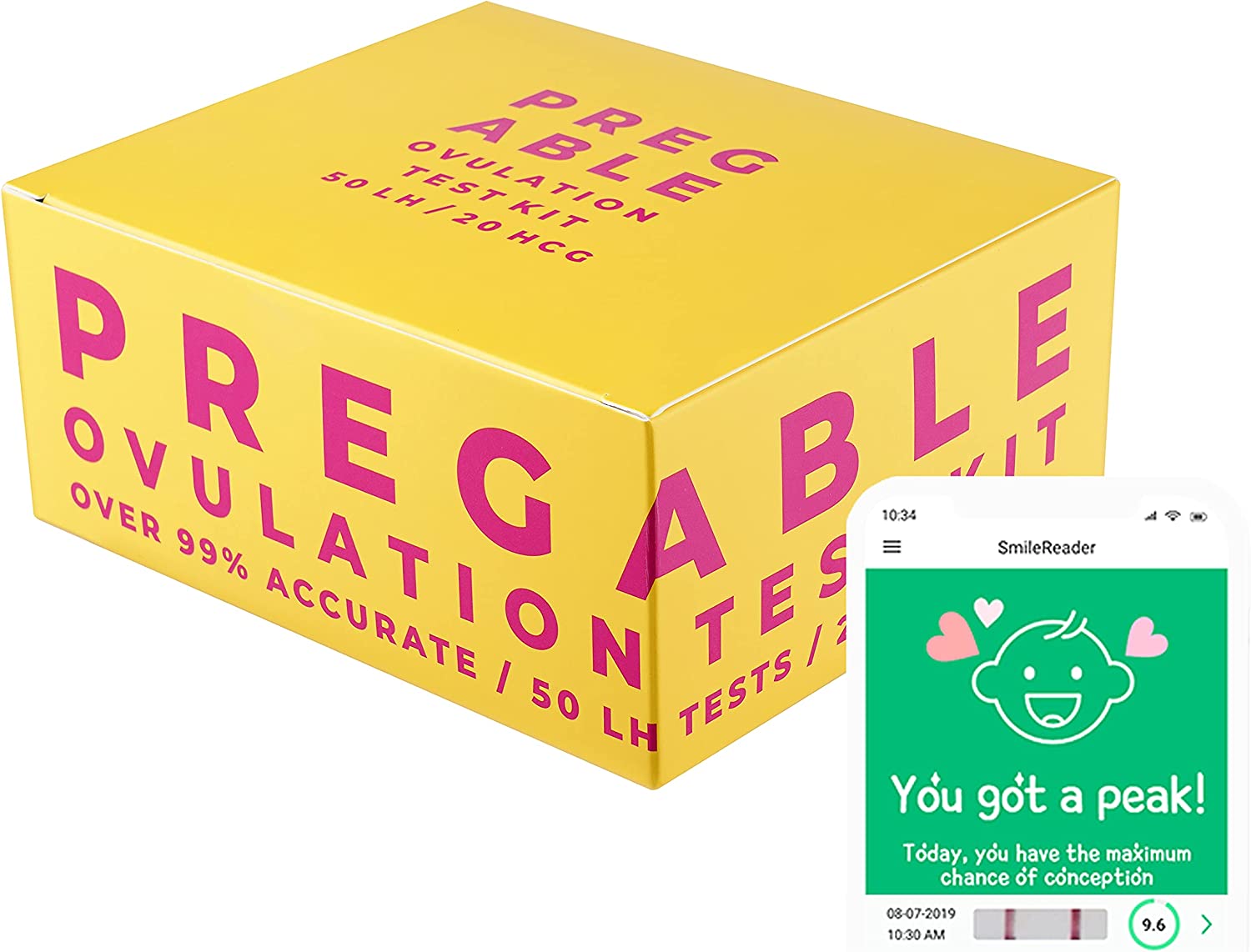 Pregable Combo Kit of 50 Ovulation Tests and 20 Pregnancy Tests, Free Tracker app, SmileReader app, OPKs, HPTs (50LH + 20HCG)