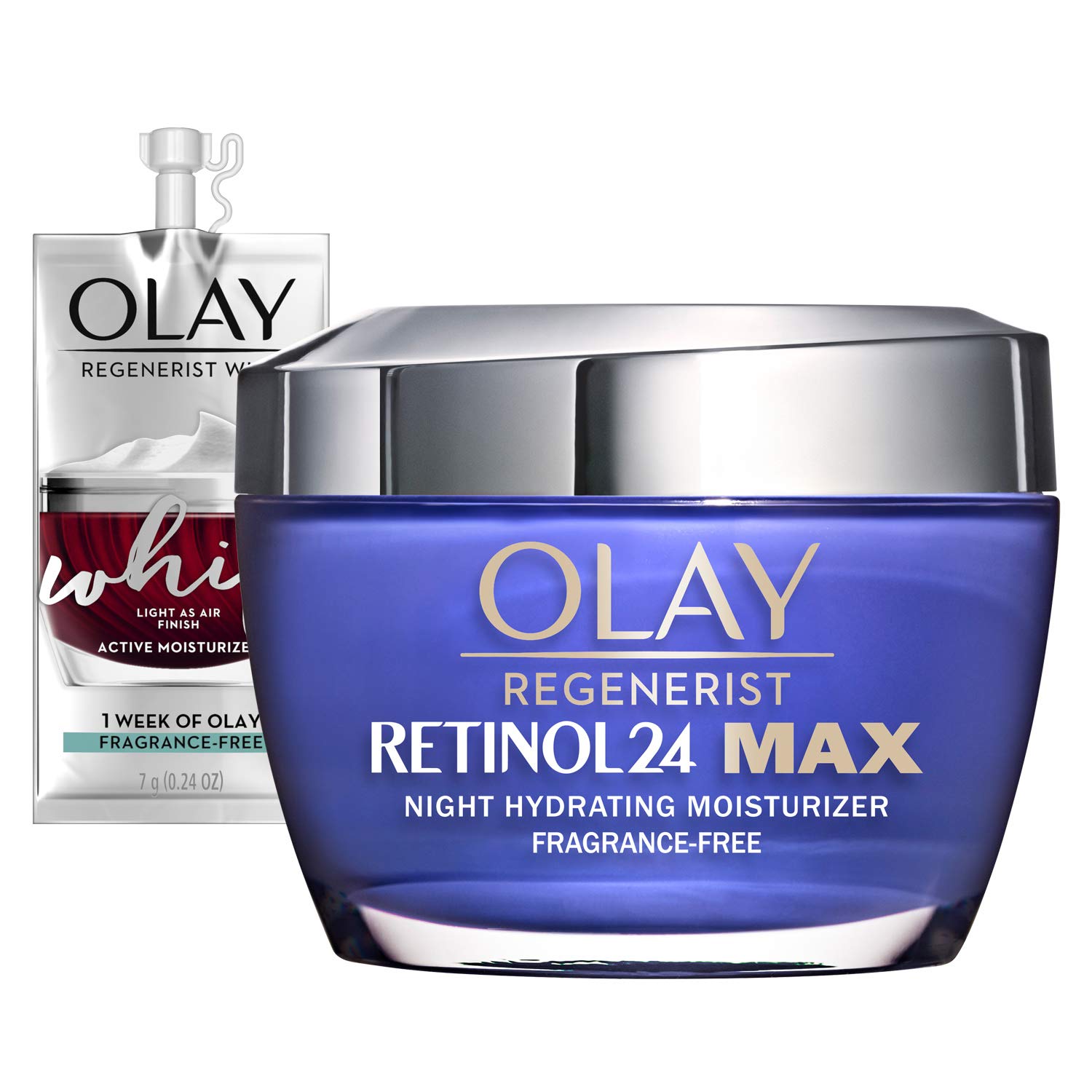 Olay Regenerist Retinol 24 Max Moisturizer, Retinol 24 Max Night Face Cream, 1.7 Oz + Whip Face Moisturizer Travel/Trial Size Bundle