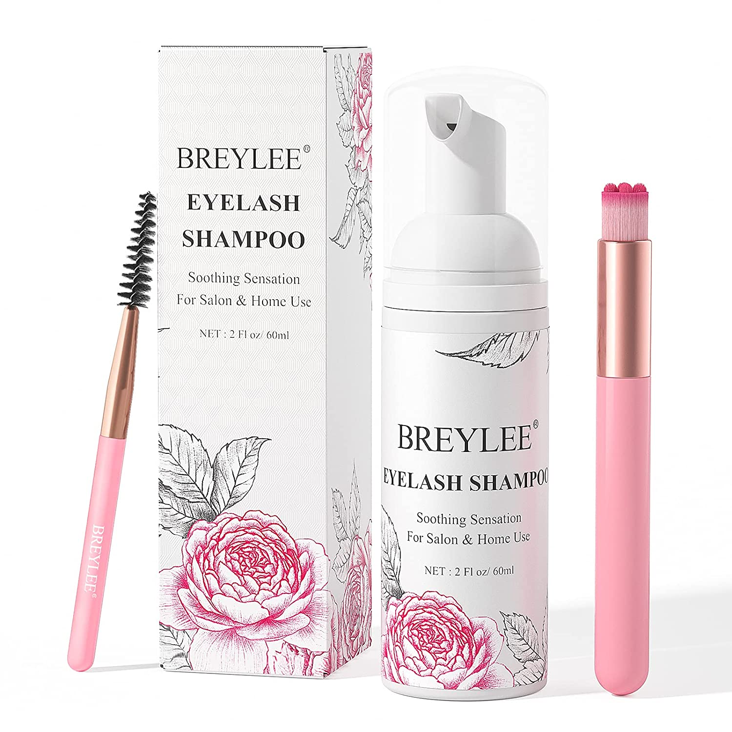 Eyelash Extension Cleanser, BREYLEE Eyelash Extension Shampoo Eyelash Extension Foam & Brushes Eyelid Cleanser for Makeup Remover Paraben & Sulfate Free for Salon and Home Use(60ml, 2 fl oz)