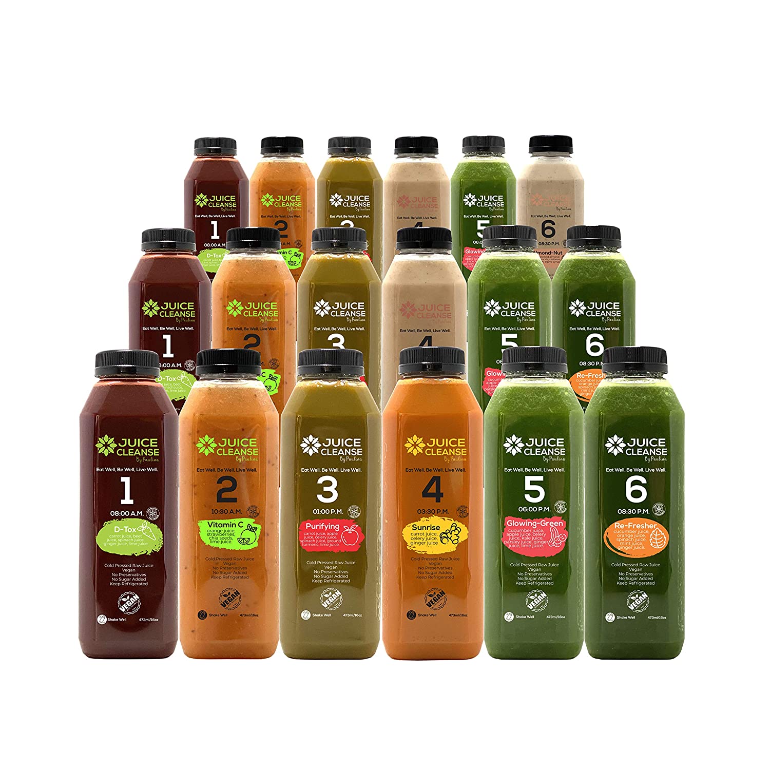 Cold Pressed 3 Day Juice Cleanse - Natural Detox – Plant Based – Healthy Vegan Diet – Fresh Raw Green Vegetables – Enhances Immunity (18 Total 16 oz. Bottles) (3 Day)