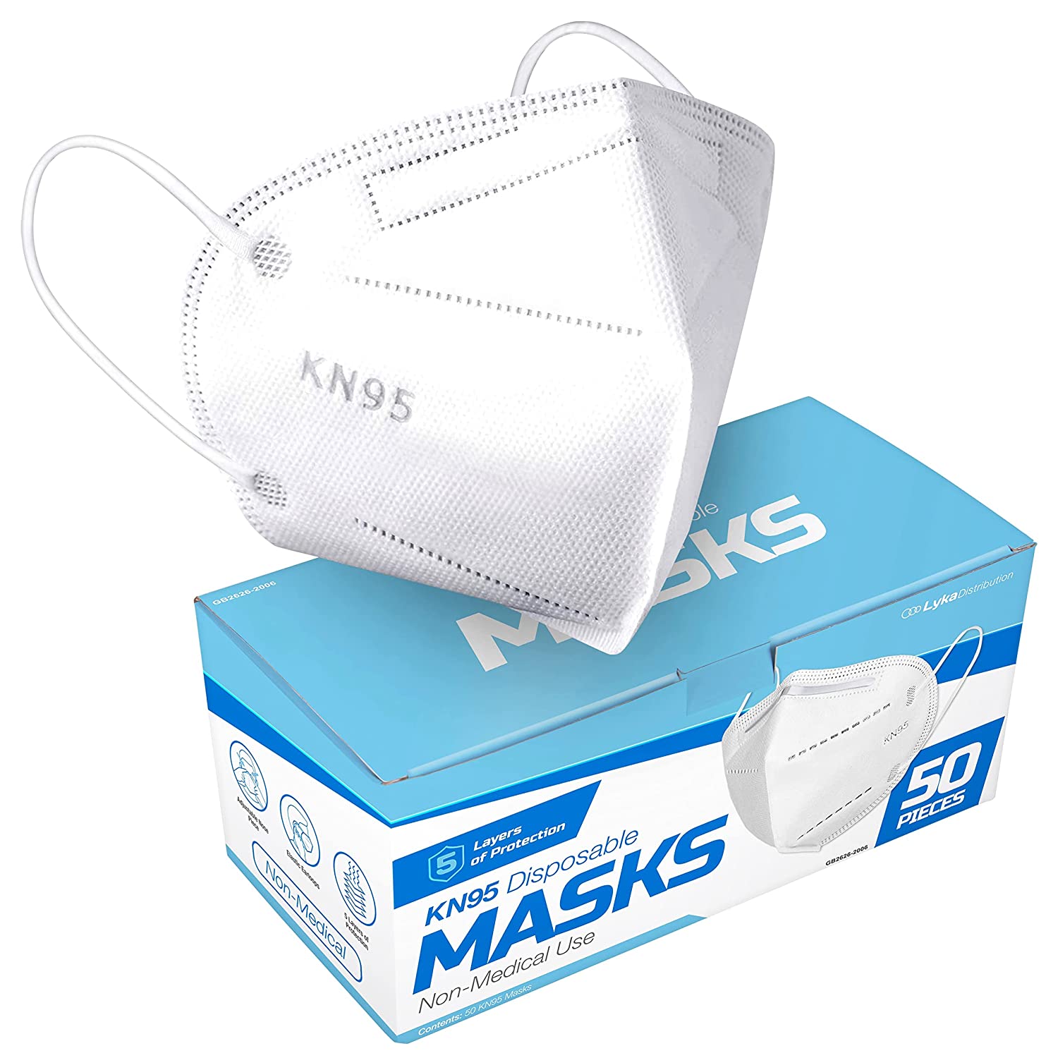 Lyka Distribution KN95 Face Masks - 50 Pack - 5 Layer Protection Breathable KN95 Face Mask - Filtration>95% with Comfortable Elastic Ear Loop | Non-Woven Polypropylene Fabric